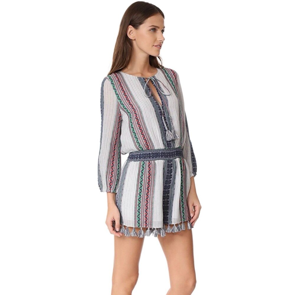 Alice + Olivia Romper Size 6 Embroidered Smocked Waist Pockets Tassle-Trim Hem